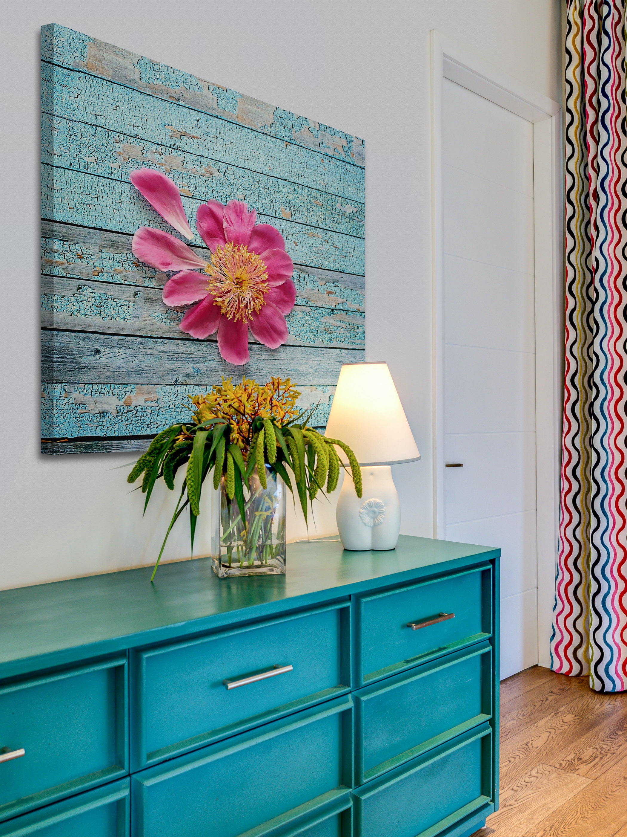 "Peony on Aqua" Painting Print on Wrapped Canvas