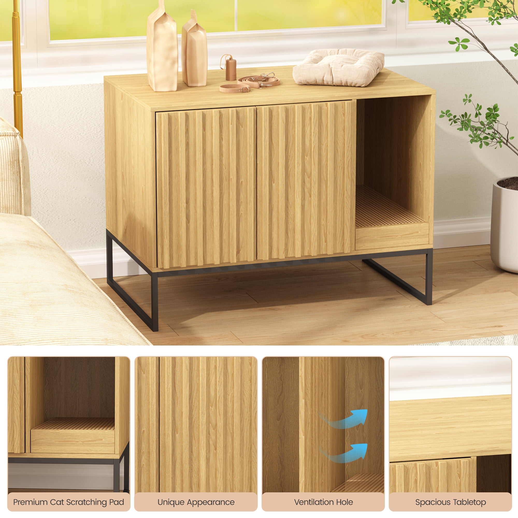 VEANERWOOD Cat Litter Box Enclosure Furniture, Wood Hidden Litter Box with Cat Scratch Pad, Beige