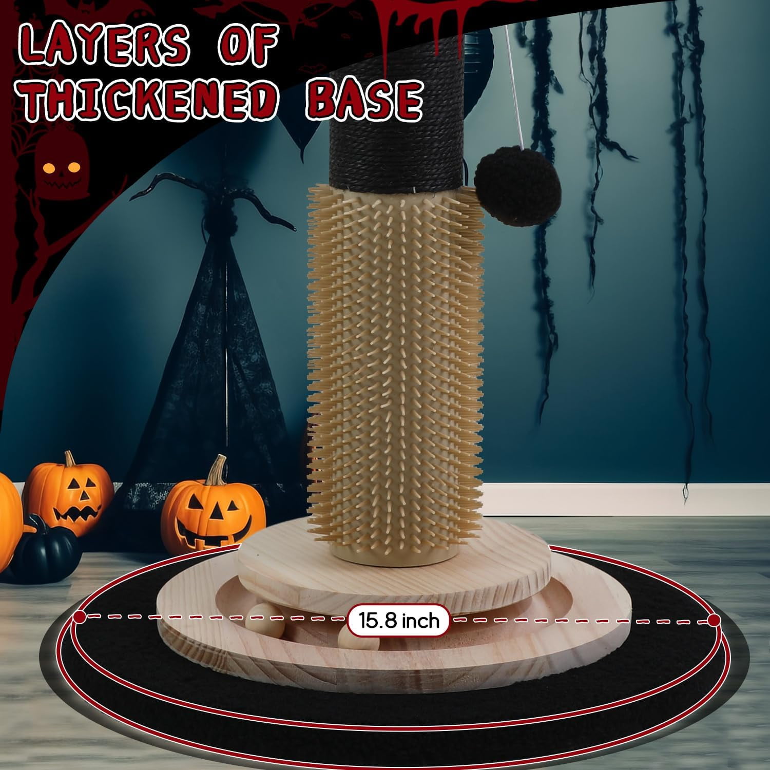 Gothic Black Cat Scratching Post with Sisal Rope, Interactive Ball Toys, and Self-Groomer Brush for Large Indoor Cats