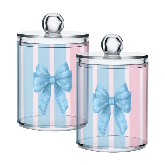 Pastel Blue Pink White Bows on Stripes Translucent Plastic Cans Storage Canisters with Lid Set of 2