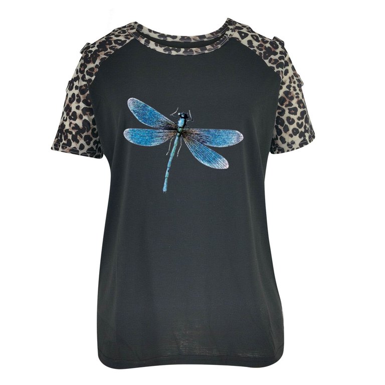 HAPIMO Women's Short Sleeve Shirts Leopard Dragonfly Graphic Print Tops  Casual Cold Shoulder Tee Shirt Relaxed-Fit Pullover Blouse Gifts for Women  Crewneck Sweatshirt Rollbacks Black L 