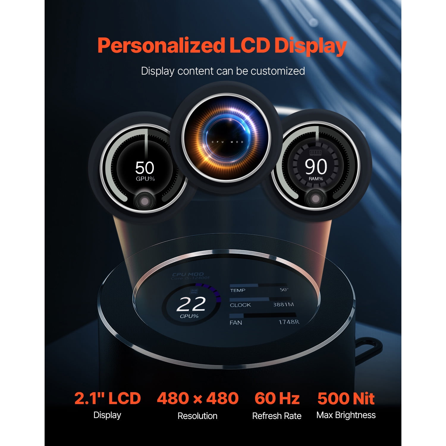 KFFKFF Liquid CPU Cooler, Comprehensive CPU Water Cooler - 120mm PWN Fans & Pump, Customizable Black PC Liquid Cooler with 2.1'' LCD Display & ARGB Lighting, Compatible with Intel 115X/1366/2011