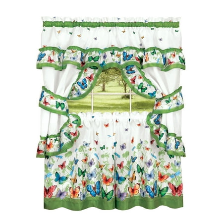Butterfly Ruffled Tier Window Curtain Set with Sage Green Trim- Includes 2 Panels, 2 Tie Backs, and Swag Valance