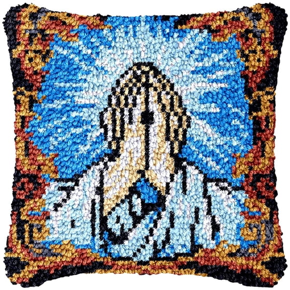 Praying Hand Religion Latch Hook Kits Pillow Crochet Yarn Rug Pre-Printed Cushion Needlework Pillowcase DIY Hook and Latch Kit Christmas Home Sofa Decoration 43x43cm