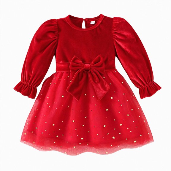 WUANDIXFA Toddler Baby Girl Christmas Dress Long Puff Sleeve Velvet Bow Star Dress Holiday Party Costume,Red,12-18 Months