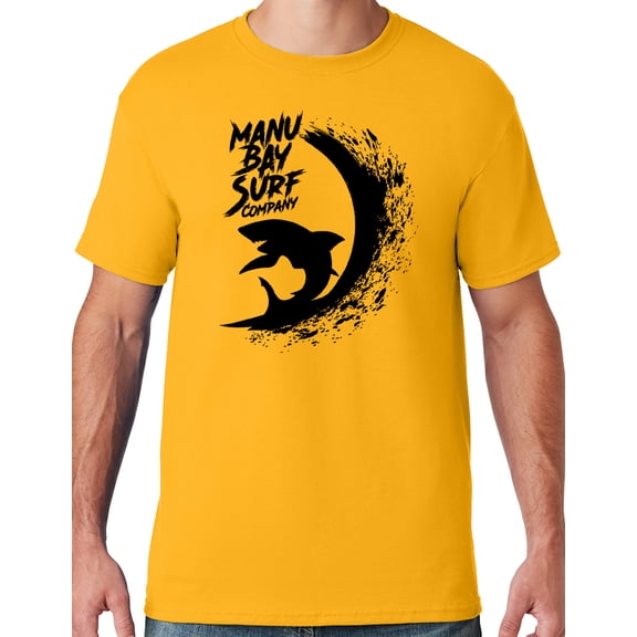 Mens Manu Bay Surf Company BLACK SURFING SHARK T-shirt, 2XL Gold