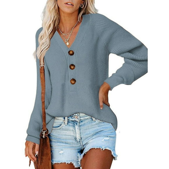 Mialoley Women Loose Style Sweater, Solid Color Long Sleeve V-neck Knitwear