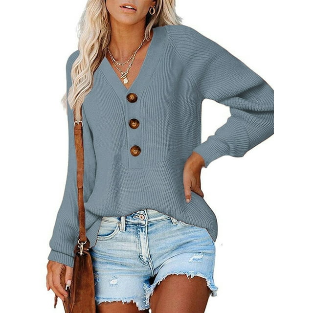 Mialoley Chandail Ample pour Femmes, Tricot Uni à Manches Longues et Col en V
