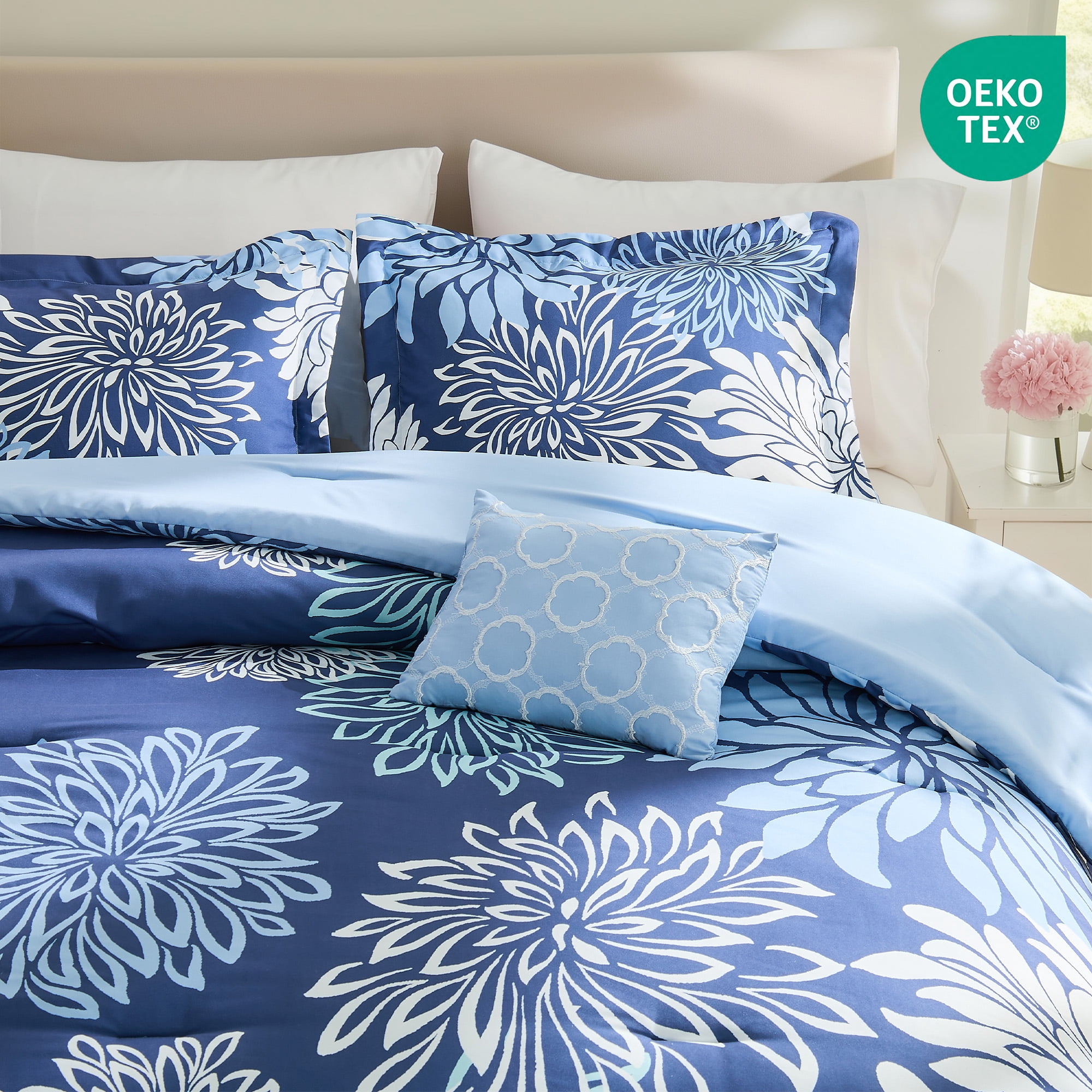Regency Heights Queen Size Comforter Set, 5-Piece Floral Bedding Set for All Season, Blue Comforter Set Queen with Bed Skirt