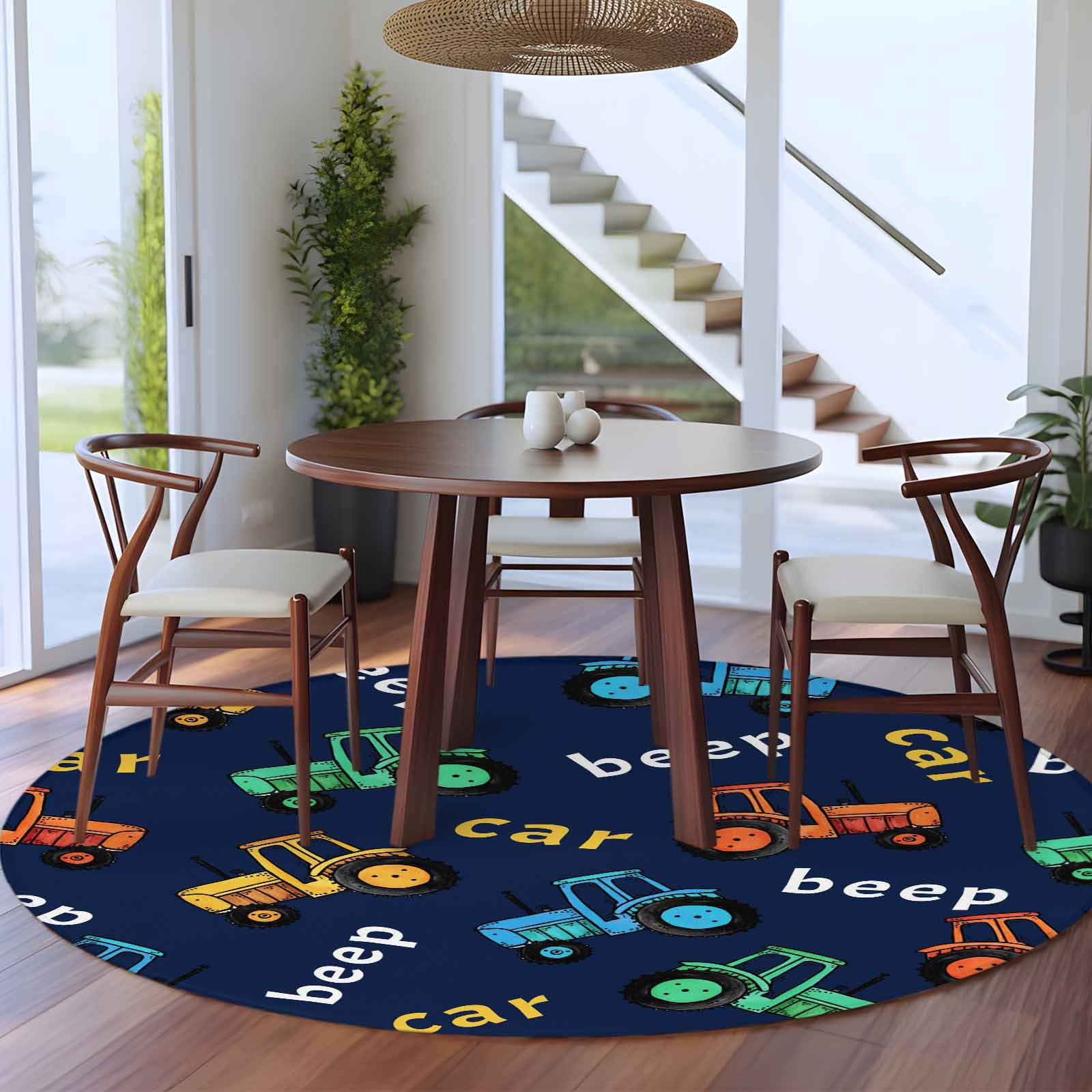 Cartoon Tractor Round Area Rug 6Ft Washable Circle Rugs for Bathroom Office, Cute Beep Car Digger Shovel Truck Navy Blue Non-Slip Carpet Floor Mats Indoor Outdoor Carpet Runner Aesthetic Home Decor