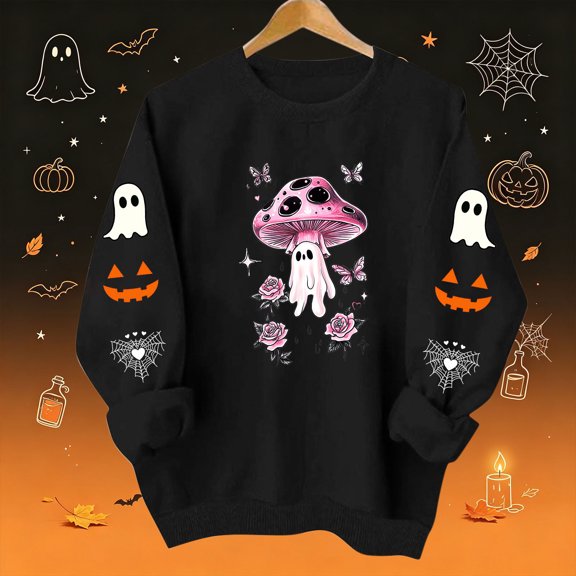 Womens Halloween Tops Crew Neck Funny Ghost Printed Long Sleeve Trendy Spooky Festival Pullover Top Black L