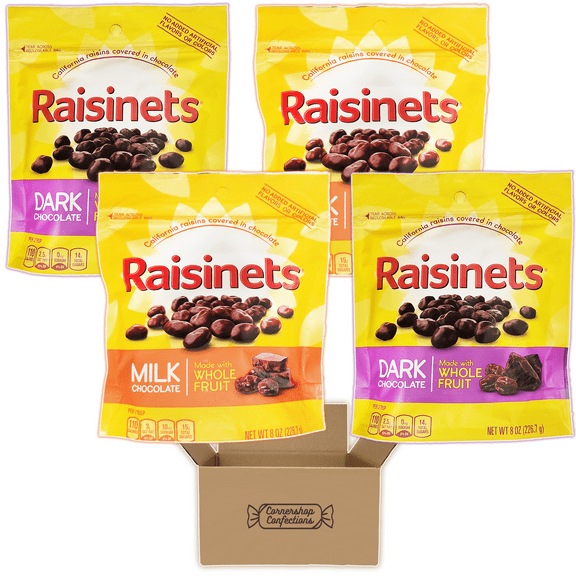 Raisinets Chocolate Covered Raisin 4 Bag Variety Pack - 2 Each of Milk and Dark Chocolate - Individually Sealed 8 oz Bags of Gluten-Free Chocolate Covered Raisins in Cornershop Confections Pack