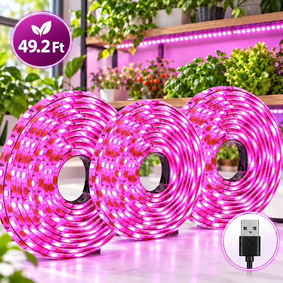 PEUHOP 3 Pack Grow Lights for Indoor Plants, 16.4 ft LED Grow Light Strips, Waterproof Cuttable Purple Plant Lights for Indoor Growing, Succulents and Flowers