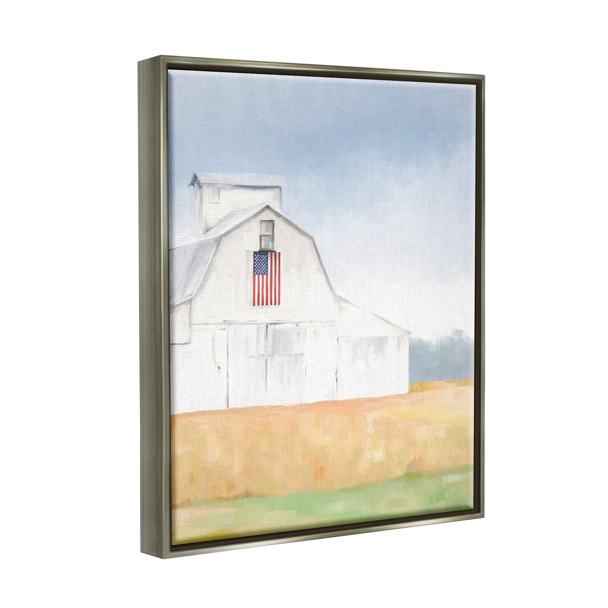Stupell Industries American Flag White Country Barn Rural Scenery Painting Luster Gray Floating Framed Canvas Print Wall Art, Design by Amy Hall