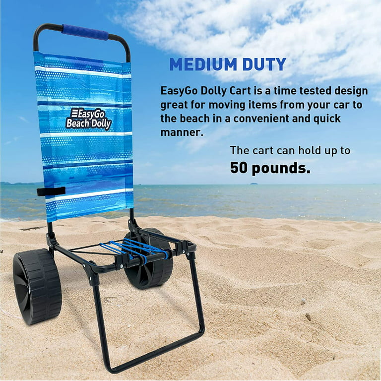 Beach Cart Deluxe Heavy Duty Folding Ocean Utility Large Sand Wheels Holds 4 Folding Chairs Umbrella Holder Removable Storage Bag – Premium Blue