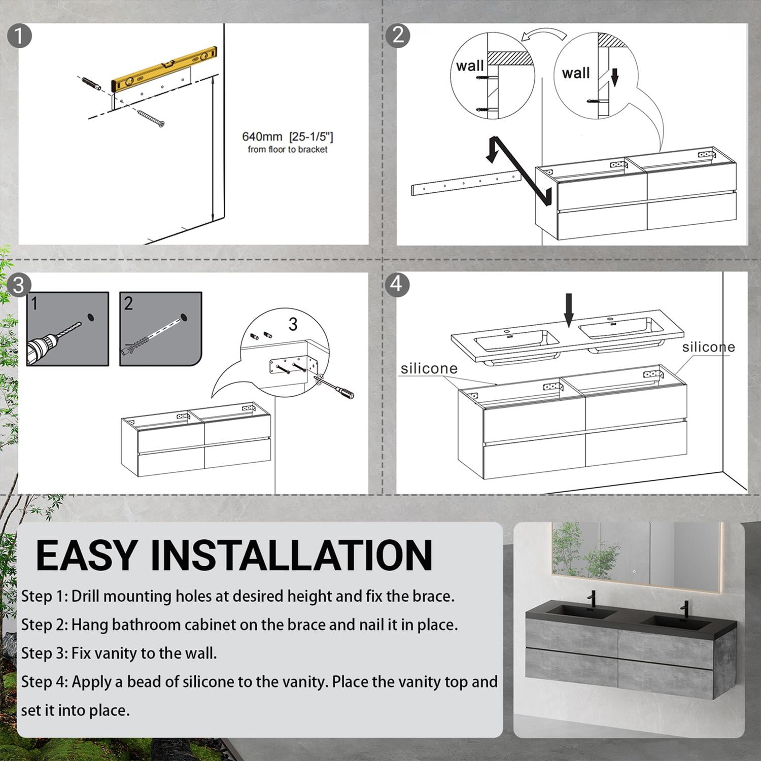 Demi Bonn 70" Floating Bathroom Vanity with Sink, Double Black Quartz Sand Top Basin and 4 Soft Close Drawers, Faucets and Drains Not Included, Gray