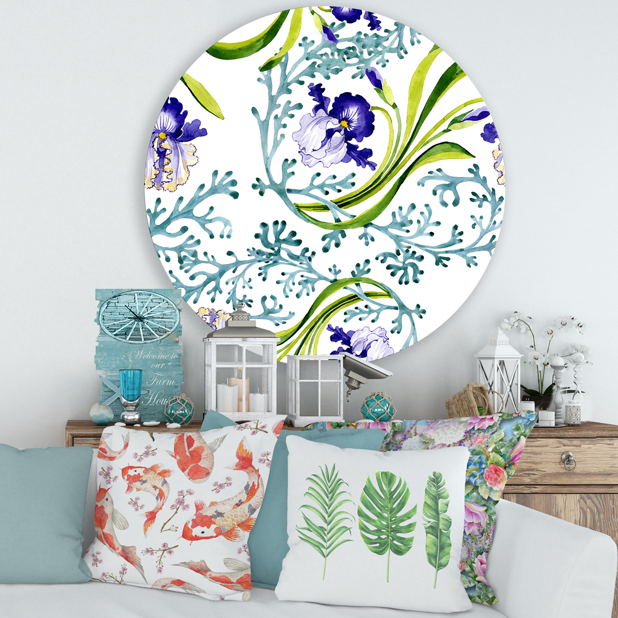 Designart 'Abstract Blue Iris With Wild Spring Leaves' Traditional Circle Metal Wall Art 29x29 - Disc of 29