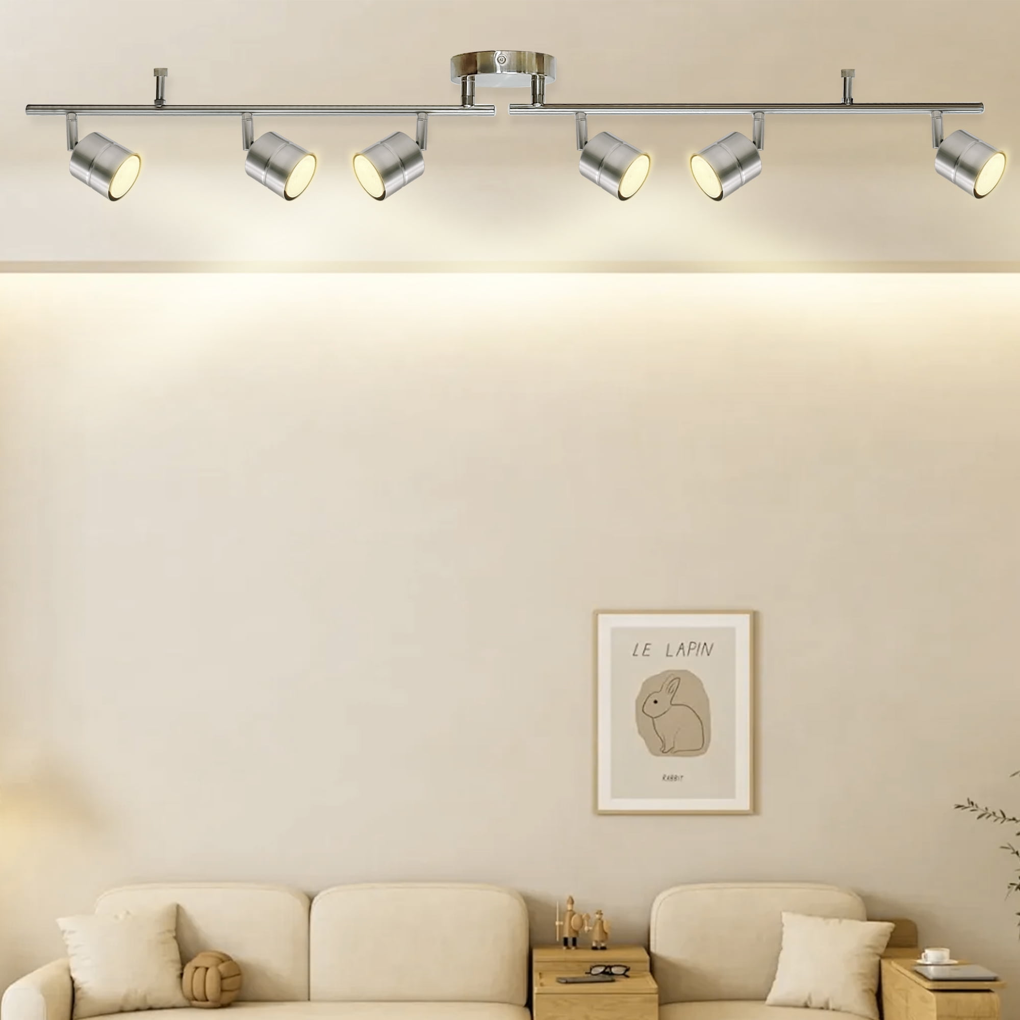 Mingbright 6-Light Brushed Nickel Track Lighting Kit with GU10 LED Bulbs - 44.5” Adjustable Ceiling Spotlight Fixture, 270° Swivel & 90° Tilt for Kitchen, Living Room, Dining Room, Gallery Display