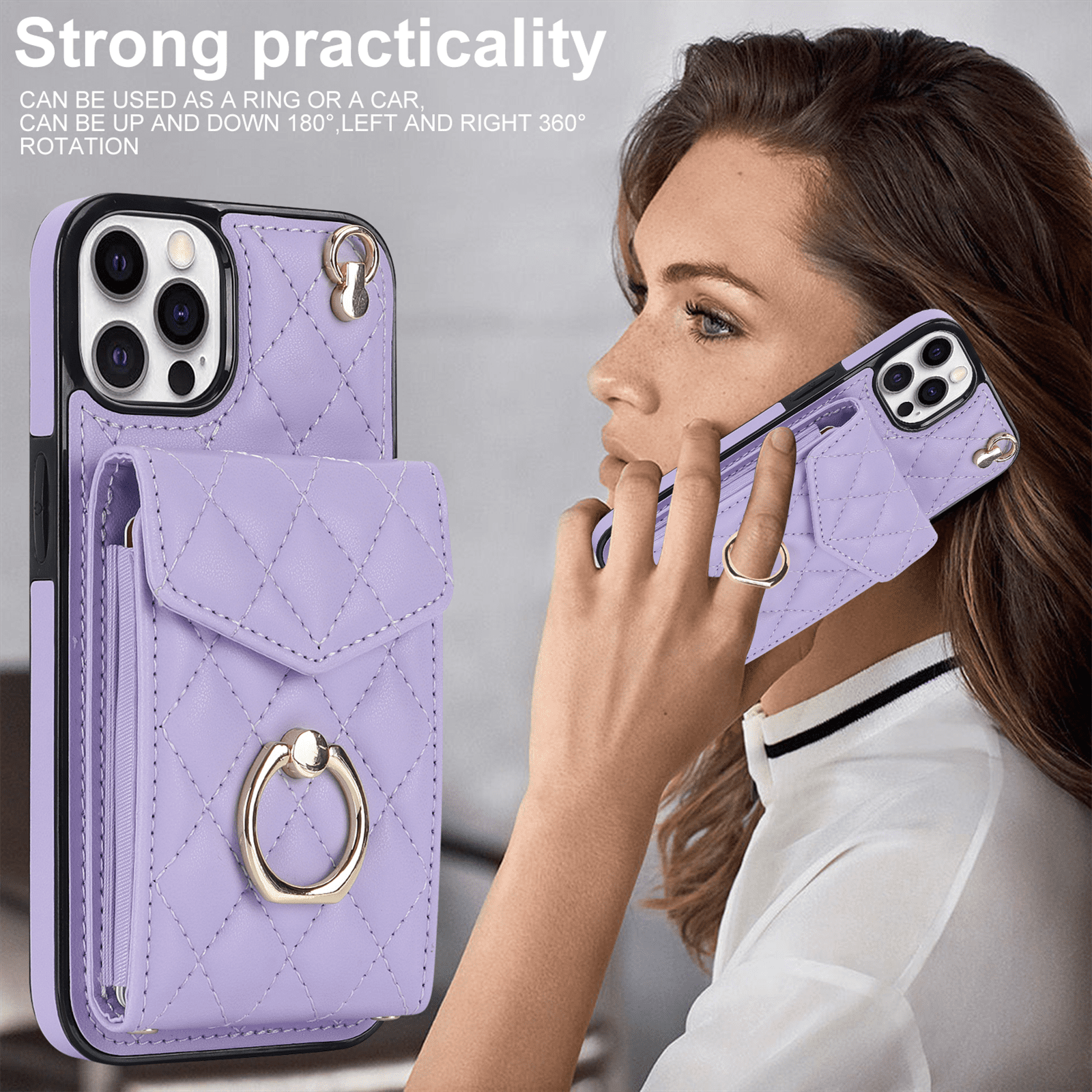 Asuwish Wallet RFID Blocking PU Leather Cell Phone Case with Tempered Glass Screen Protector, Wrist Strap for iPhone 12 Pro Max, Purple