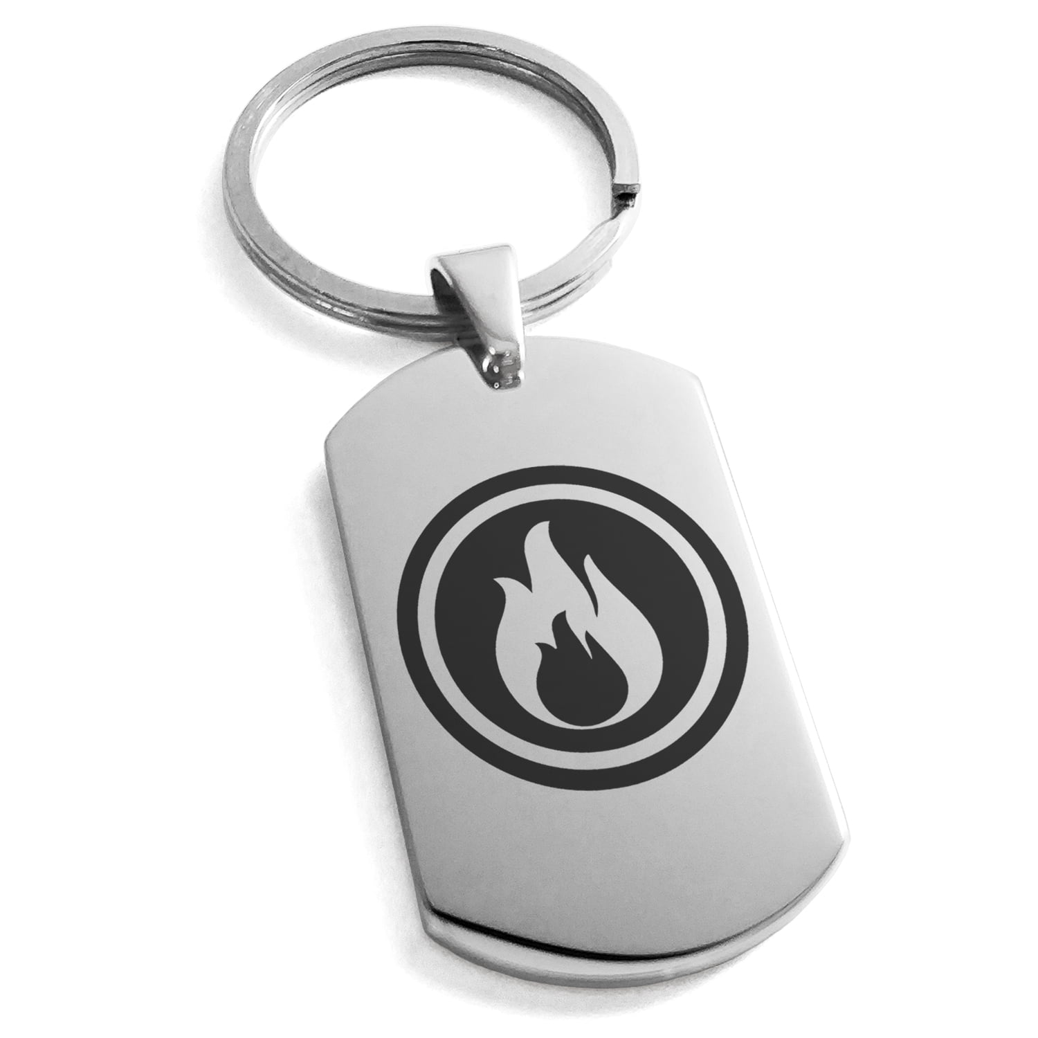 Stainless Steel Fire Element Rune Engraved Dog Tag Keychain Keyring