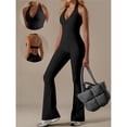 thumbnail image 4 of Mono Deportivo de Yoga para Mujer, Sin Mangas, con Escote en V, Ribete de Encaje y Cuello Halter, con Medias Acampanadas. Negro S, 4 of 10
