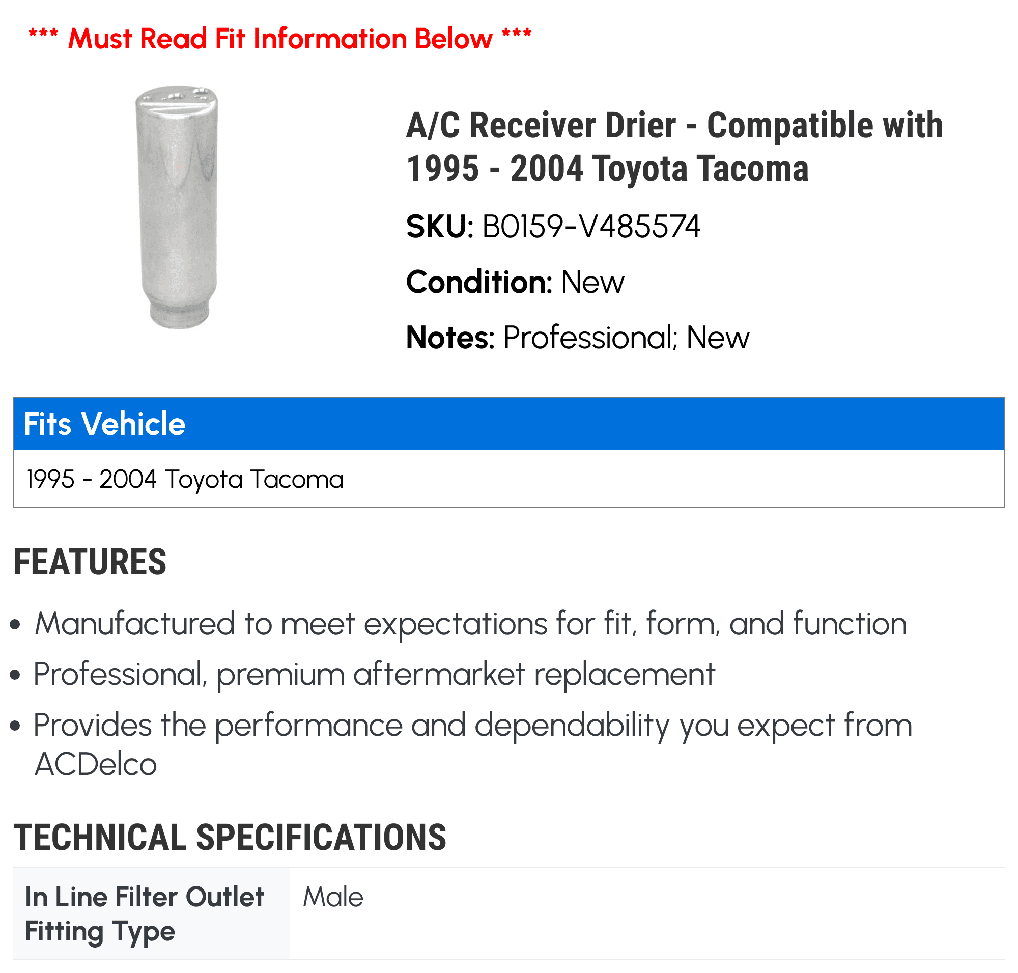 A/C Receiver Drier - Compatible With 1995 - 2004 Toyota Tacoma 1996 1997 1998 1999 2000 2001 2002 2003
