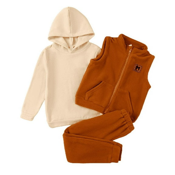 Mikrdoo Toddler Boys Clothes Long Sleeve Solid Color Hoodies "N" Print Thickened Waistcoat Elastic Pants 3Pcs Outfits Brown 4-5 Years