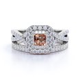 thumbnail image 3 of JeenMata 1.25 CT - Princess Cut - Champagne created morganite - Double Halo - Twisted Band - Vintage Inspired - Wedding Ring Set in 18K White Gold over Silver, 3 of 8