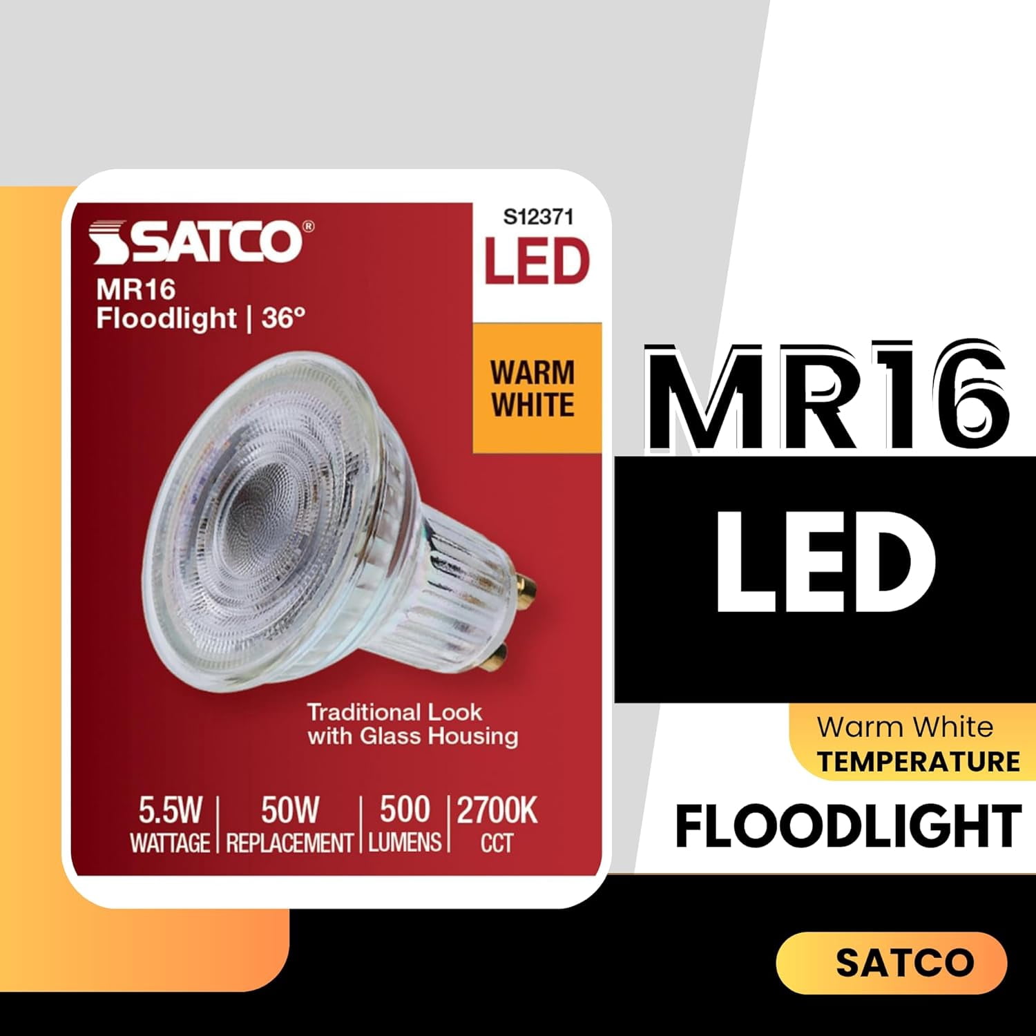 Satco S12371 MR16 LED Flood Light Bulbs 120V 5.5W 2700K GU10 Base Dimmable (12 Pack)