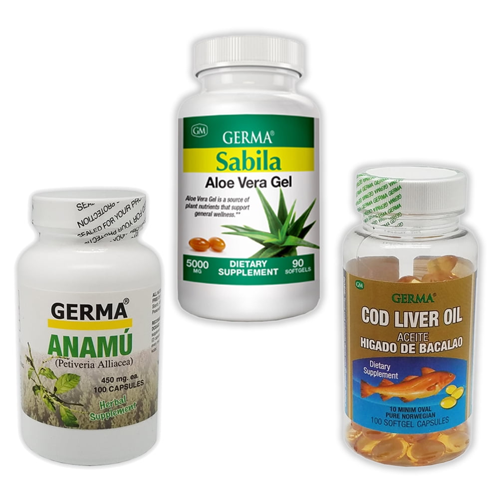 Germa Dietary Supplement Kit. Cod Liver Oil. 100 Caps + Aloe Vera Natural Laxative. 90 Gels