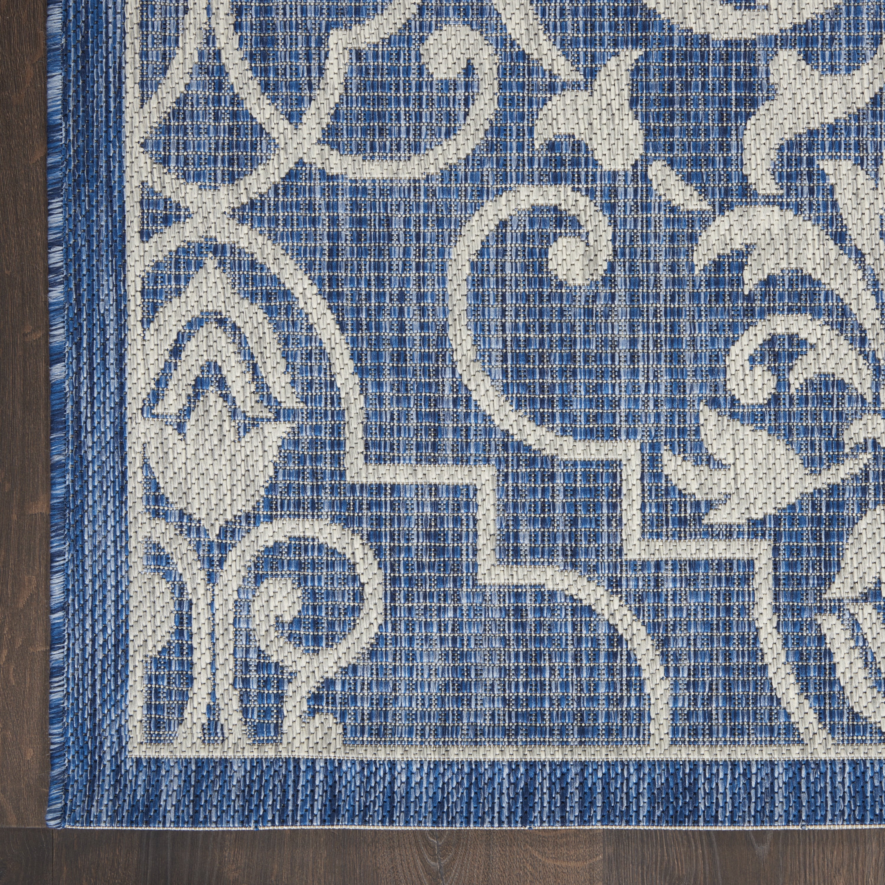 Nourison Garden Party Indoor/Outdoor Transitional Damask Denim 2'2" x 7'6" Area Rug, (8' Runner)