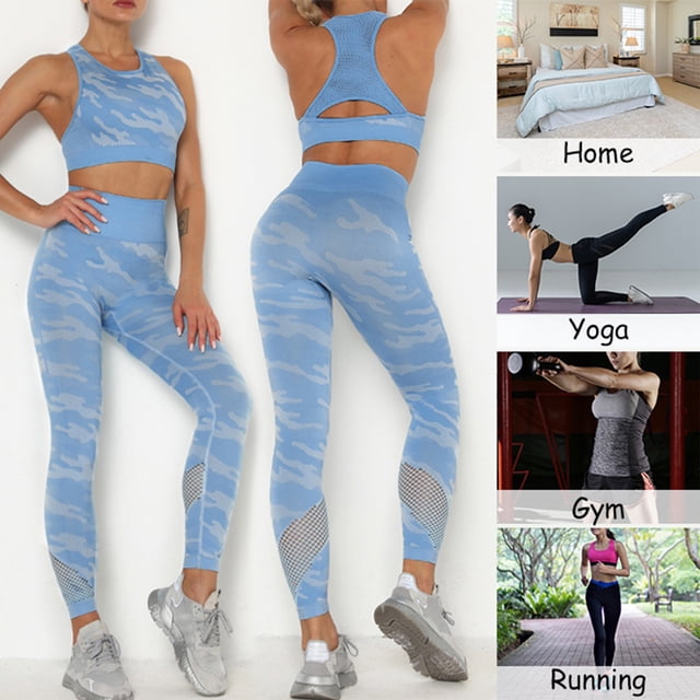 TFixol Conjunto de yoga de camuflaje para mujer, sujetador de 2 piezas, medias, traje, top corto