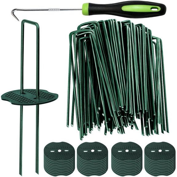 GMZW 50pcs Green Artificial Turf Stakes   50pcs Buffer Washer, 6 Inch 11 Gauge U Shaped Galvanized Landscape Staples, Heavy Duty Ground Pins for Grass Weed Barrier Sod