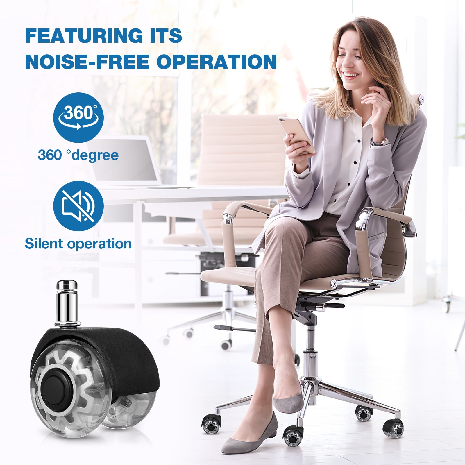 Office Chair Caster Wheels 2" Dual Wheels Set of 5 for Tile and Hardwood Floors, Universal Fit for Most Chairs (Transparent)