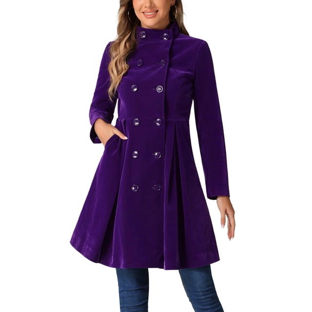 Abrigo A-Line de Terciopelo para Mujer INSPIRE CHIC, Doble Botonadura, Cuello Alto, Trench de Invierno de Longitud Media, XL, Púrpura Oscuro