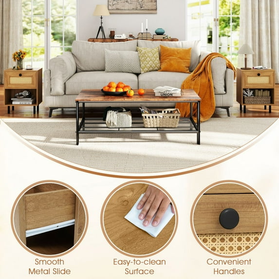 Kadyn Nightstand with Rattan Drawer, Modern Bedside Table for Bedrooms, Boho Nightstand End Table with Open Shelf, Set of 2, Natural