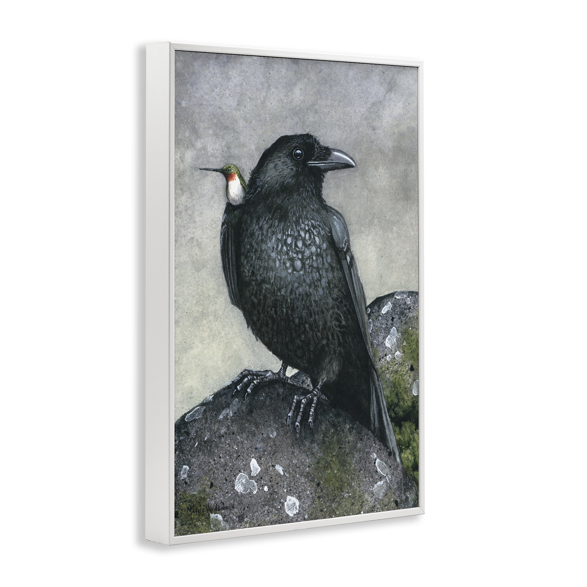 Stupell Industries Crow & Hummingbird Perched Animals & Insects Painting White Framed Art Print Wall Art, 16 x 24