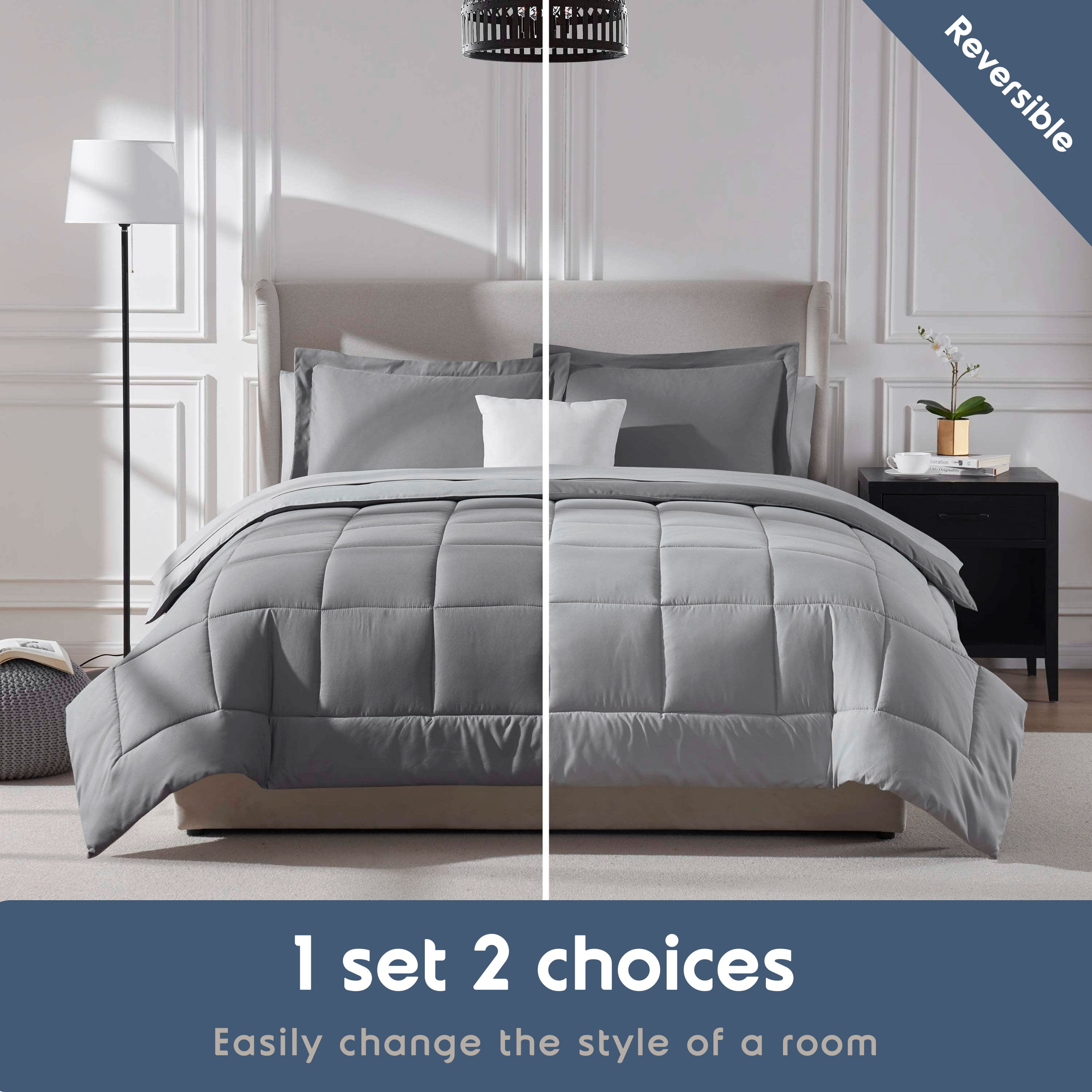 LammaLoe Queen Comforter Set, With Sheets, Reversible Bed In A Bag 7 Piece, Bedding Set, Grey
