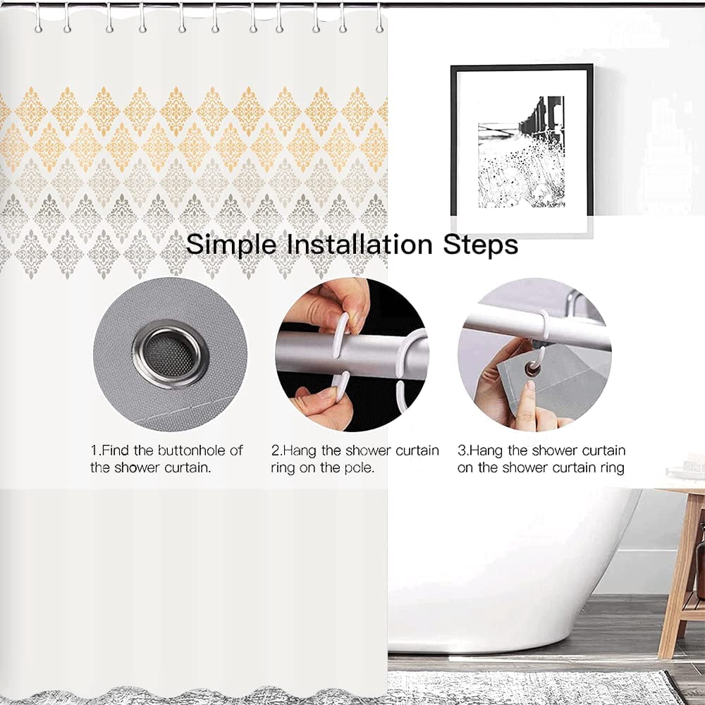 Grey Yellow Boho Shower Curtain,Beige Bohemian Chic Shower Curtains Set for Bathroom with 12 Hooks,Modern Farmhouse Bath Curtain 72x72in,Waterproof Fabric,Machine Washable