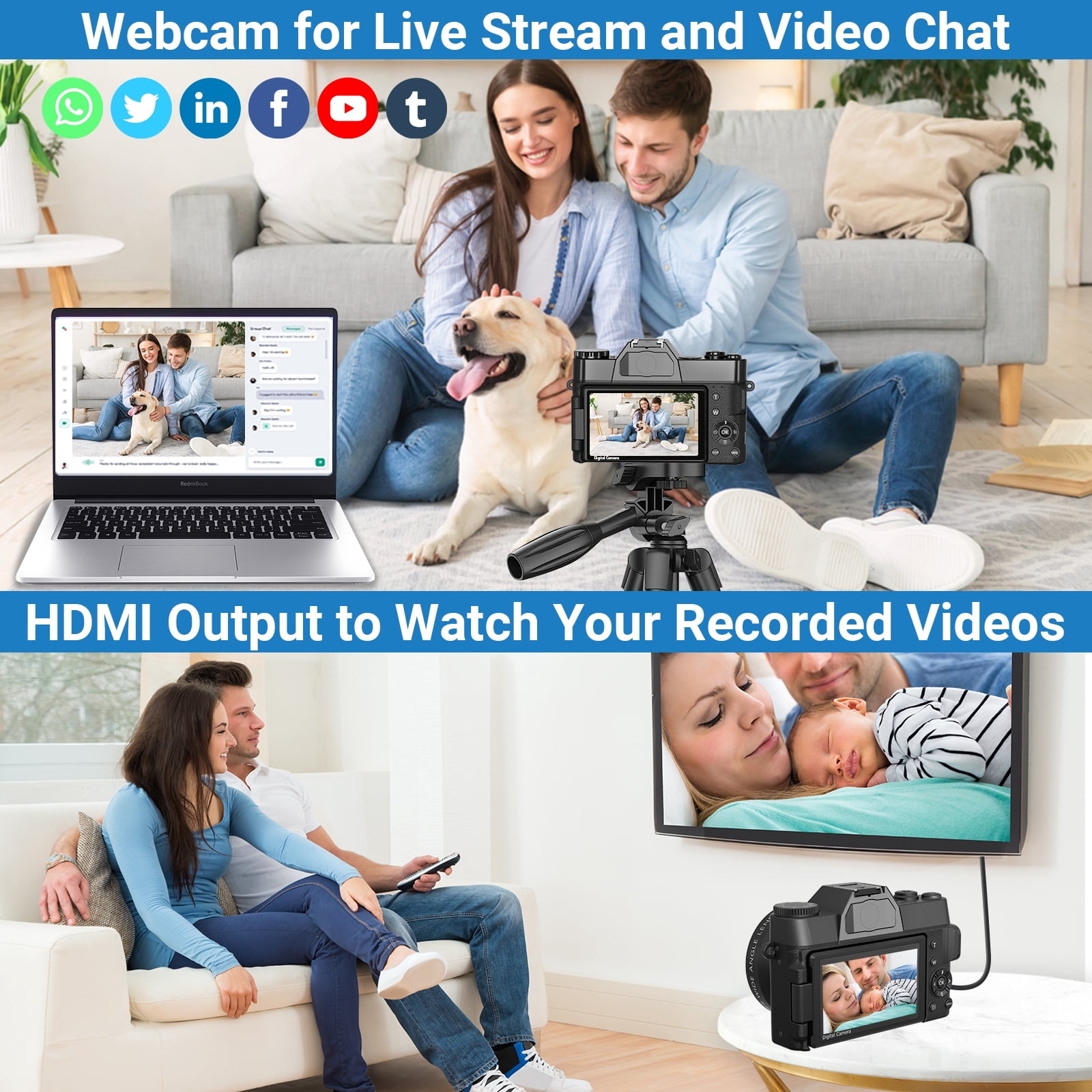 Saneen Digital Camera 6K 64MP Wifi Vlogging Cameras for YouTube 3''180° Flip Screen 16X Zoom 32GB SD Card 52mm Lens Black