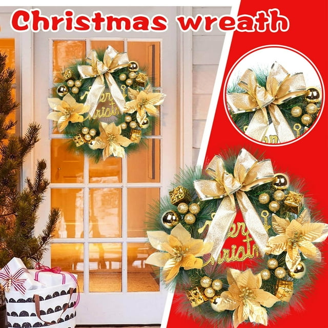 Couronne de Noël de 11,8 Pouces, Couronne de Noël Artificielle pour Porte d'Entrée, Décorée de Feuilles de Cyprès, Fleurs de Noël, Baies Rouges, Boules d'Ambiance, Adaptée pour Intérieur et Extérieur