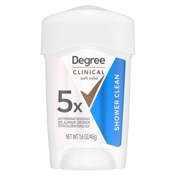 Degree Clinical Strength Antiperspirant Deodorant 96-Hour Sweat and Odor Protection Shower Clean Soft Solid 5x Types of Sweat,1.6 oz