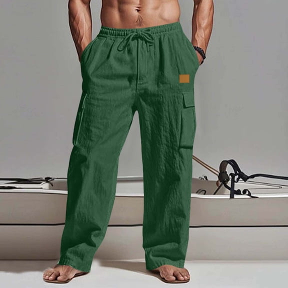 Maqroz Men's Linen Cargo Pants Casual Summer Beach Trousers Elastic Waist Drawstring Loose Fit Lightweight Straight Leg Slacks Green,XL
