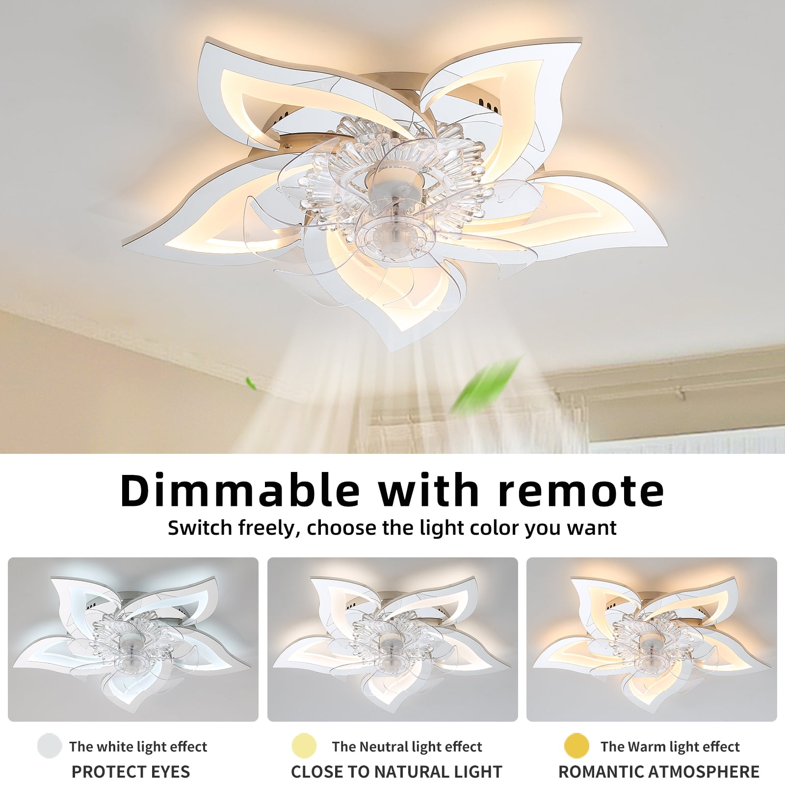 Eowynic 27 Inch Modern Ceiling Fan with Light, Remote Control, Flush Mount, DC Motor, 6 Speed, Flower-Shaped, Silver