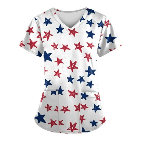 

Sksloeg Scrub Tops Women Stretchy Clearance American Flag Star Print Patriotic Top Comfort Scrubs Women s V-Neck Workwear Short Sleeve Shirts Nursing Working Uniform Red S