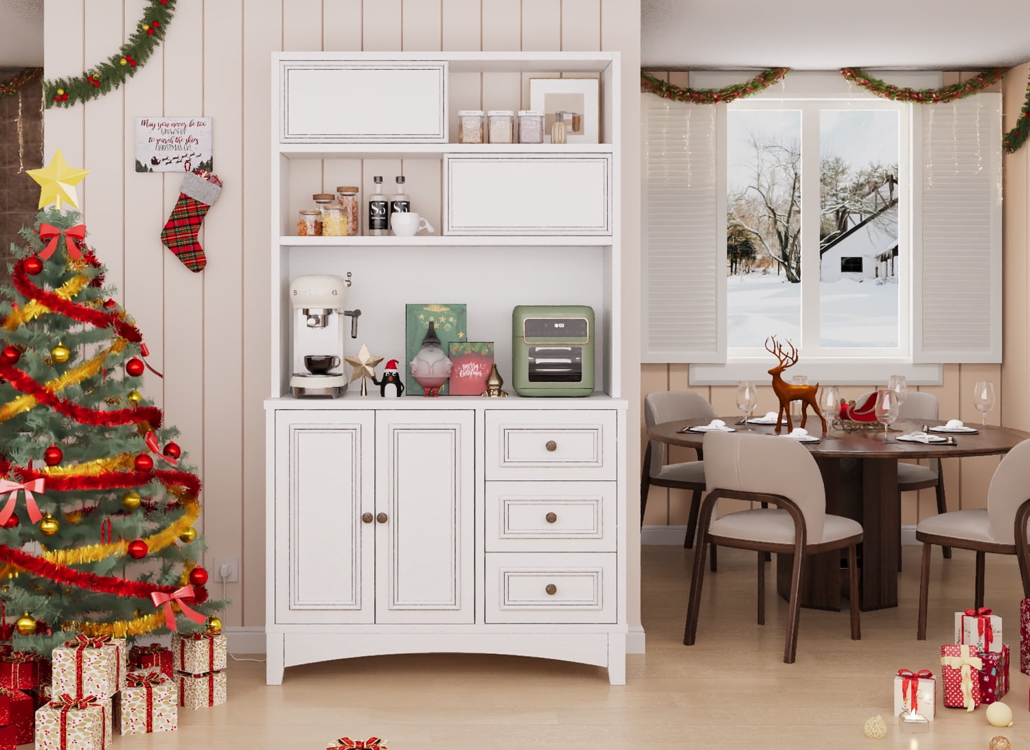 71" Tall Kitchen Pantry Cabinet with Charging Station, Large Food Pantry Storage Cabinet with Microwave Stand for Dining Room, White