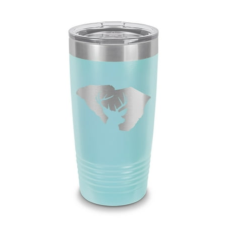 

South Carolina Deer State Tumbler 20 oz - Laser Engraved w/ Clear Lid - Stainless Steel - Vacuum Insulated - Double Walled - Travel Mug - buck hunt hunting rifle sc - Light Blue