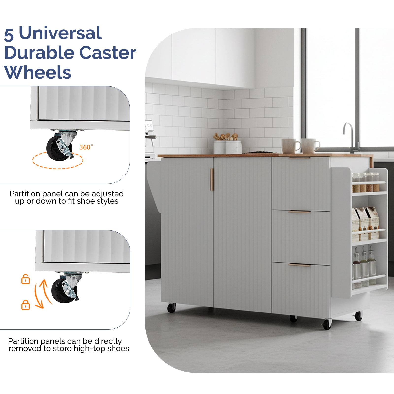 2-Door 3-Drawer Buffet Serving Cart with Grille Design and Champagne Gold Finish