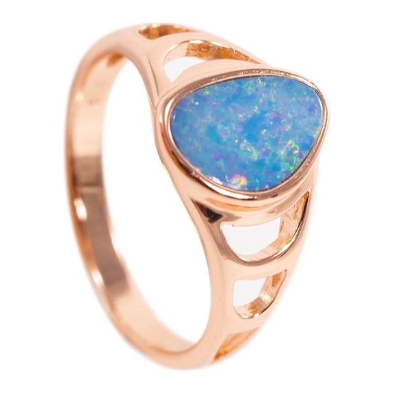 DELICATE RAINBOW FLASH 18kt ROSE GOLD PLATED AUSTRALIAN BLACK OPAL RING