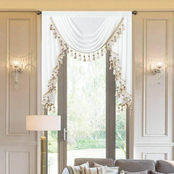 VOGOL Soft Touch Silky Waterfall Valance, White Sheer Voile Curtains with 1 Swag for Living Room, Light Filtering Window Treatments with Tassels, 1 Pack, 39 inches Wide
